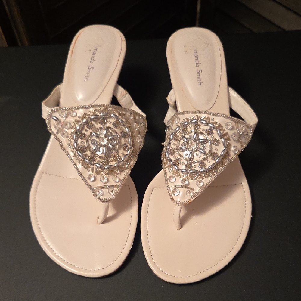 Amanda Smith Ivory Jeweled Thong Sandals